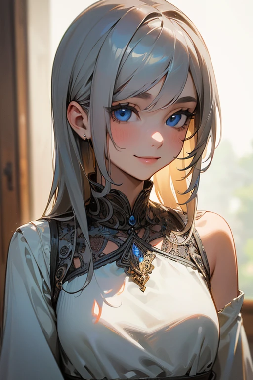 (masterpiece: 1.2, highest quality), (Actual photo, Intricate details), 1. Female, alone, Upper Body, casual, Shoulder-length hair, Minimal makeup, Natural materials, Face close-up, smile, Home, Gray Hair, blue eyes,
