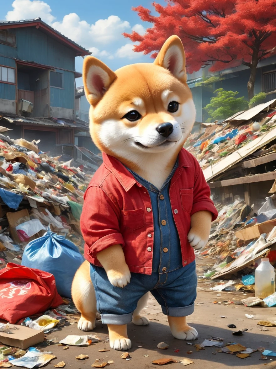 Creates a very pitiful anthropomorphic Shiba Inu image，Wearing a very tattered red linen shirt and denim overalls，There are even more tattered cloth shoes，Carrying a huge sack on his back，Higher than myself，This Shiba Inu is standing in front of a more obvious pile of trash，In the background is a road completely covered with garbage，Depicts a significantly harsher environment。This scene reinforces the contrast between the innocence of the characters and the severity of their surroundings，Emphasizing the dire conditions。