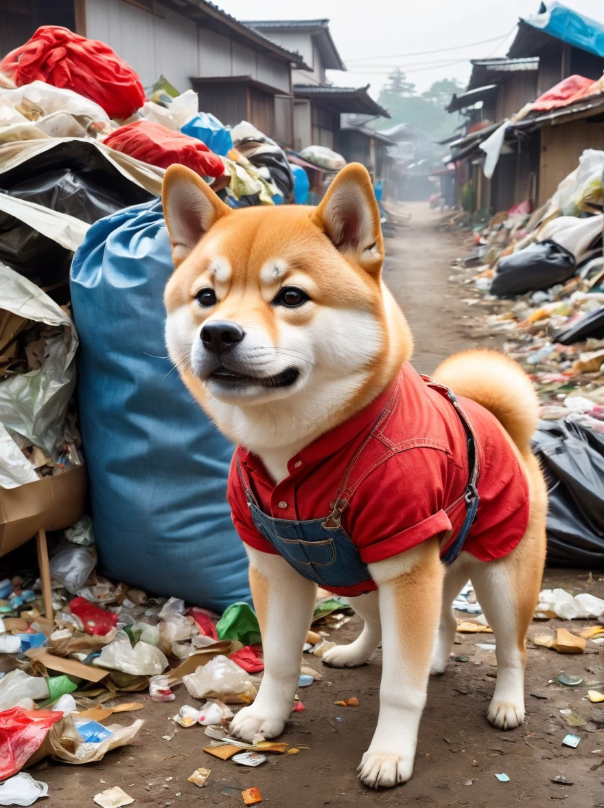 Creates a very pitiful anthropomorphic Shiba Inu image,Wearing a very tattered red linen shirt and denim overalls,There are even more tattered cloth shoes,Carrying a huge sack on his back,Higher than myself,This Shiba Inu is standing in front of a more obvious pile of trash,In the background is a road completely covered with garbage,Depicts a significantly harsher environment。This scene reinforces the contrast between the innocence of the characters and the severity of their surroundings,Emphasizing the dire conditions。