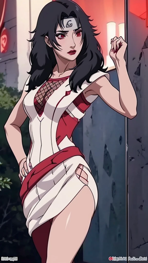 kurenai yuhi, red eyes, thick lips, seductive lipstick, eyeshadow, white translucent dress, (transparent glass corset), thin waist, small waist, wide hips, photorealistic, hyperrealistic