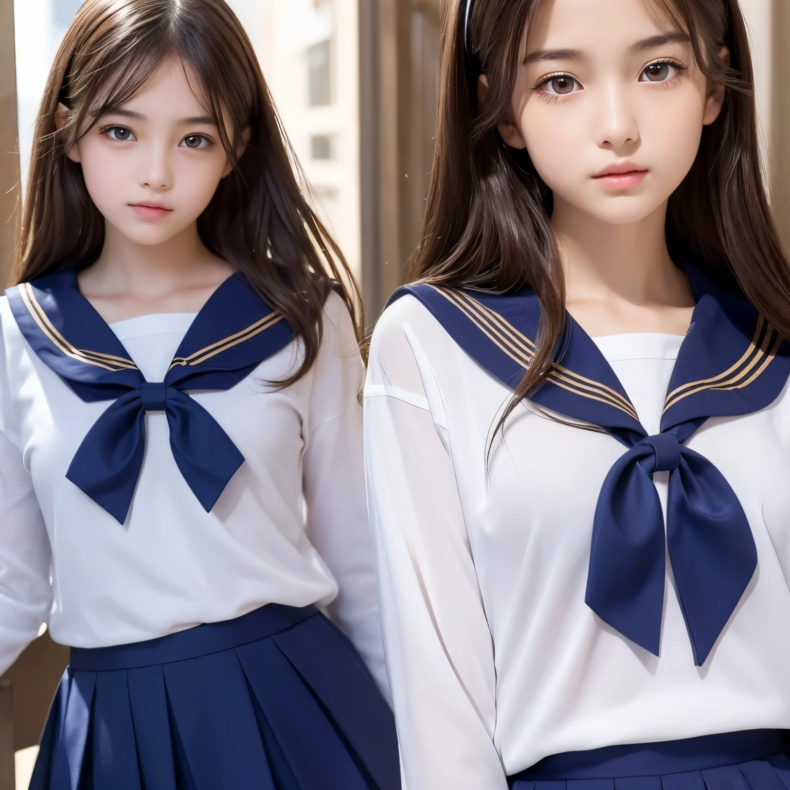 (Top resolution, Distinct_Image 1.2) 、(Beautiful girl with golden ratio face)、(A -yeld gi、(very vivid eyes、wolf eyes 1.2)、excellent, masutepiece, high detailing, lipgloss、Very beautiful girl、 Solo, Beautiful girl like a model、(Long-sleeved sailor suit、pleatedskirt)