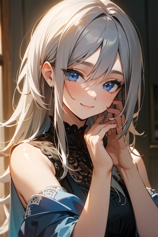 (masterpiece: 1.2, highest quality), (Actual photo, Intricate details), 1. Female, alone, Upper Body, casual, Shoulder-length hair, Minimal makeup, Natural materials, Face close-up, smile, Home, Gray Hair, blue eyes,