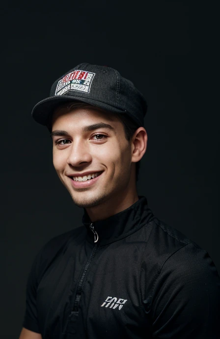 1man, young man, white man, phone technician male, smiling to the front, expressive eyes, joyful expression, blue cap, black shirt, black short male hair, two point lighting, natural lighting, global lighting, white background only