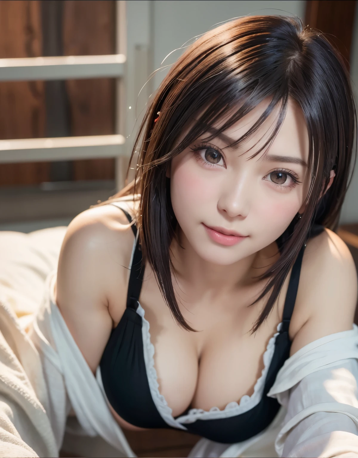 highest quality、8Kmasterpiece、超A high resolution、(Photorealistic:1.3)、RAW Photos、1 girl、Short Bobヘア、Glowing Skin、Maid clothes、((Ultra-Realistic Details))、Portrait、Global Illumination、Octane Rendering、In 8K、Super sharp、Beautiful breasts、Very intricate details、Realistic Light、CGSoation Trend、Beautiful Eyes、Shining Eyes、To the camera、A nasty smile, (Absurd, High resolution, Super detailed),masterpiece,highest quality,High resolution,8k,Realistic Face,Realistic skin texture,Expanded Texture, Amazing clarity,Super detailed (Close-up:1.4)、(Raw photo:1.2)、(Photorealistic:1.4)、(masterpiece:1.3)、(highest quality:1.4)、dream-like、(Detailed eyes)、(Detailed facial features)、(Detailed clothing features)、Beautiful Skin、(Glowing Skin)、(Slender and beautiful girl)、(Beautiful leg lines)、One Girl、(Full Body Shot)、solo、cute、A happy smile、(Big Breasts)、Beautiful breasts、Bans、Short Bob、Black-haired、black eye、Sexy Lingerie, Sea-view windowsill,