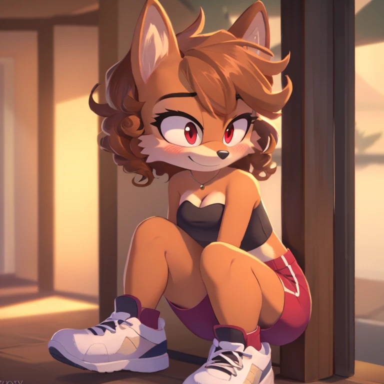 mobian, hedgehog, two-tone fur ((orange fur, brown fur)), pyjama elastic shorts, strapless crop top, cleavage, high-top sneakers, two-tone hair (brown hair, black tip)), curly hair, halo, sunglasses, jewelry, red eyes, longeyelashes, red eyes, smile, shy, blush, high detail, masterpiece, UHD, anatomically correct, super detail, highres, 4K