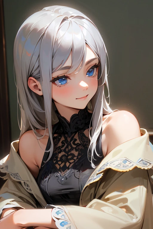 (masterpiece: 1.2, highest quality), (Actual photo, Intricate details), 1. Female, alone, Upper Body, casual, Shoulder-length hair, Minimal makeup, Natural materials, Face close-up, smile, Home, Gray Hair, blue eyes, Shoulder Bare、