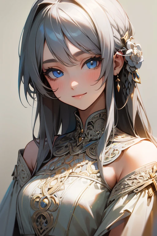 (masterpiece: 1.2, highest quality), (Actual photo, Intricate details), 1. Female, alone, Upper Body, casual, Shoulder-length hair, Minimal makeup, Natural materials, Face close-up, smile, Home, Gray Hair, blue eyes, Shoulder Bare、