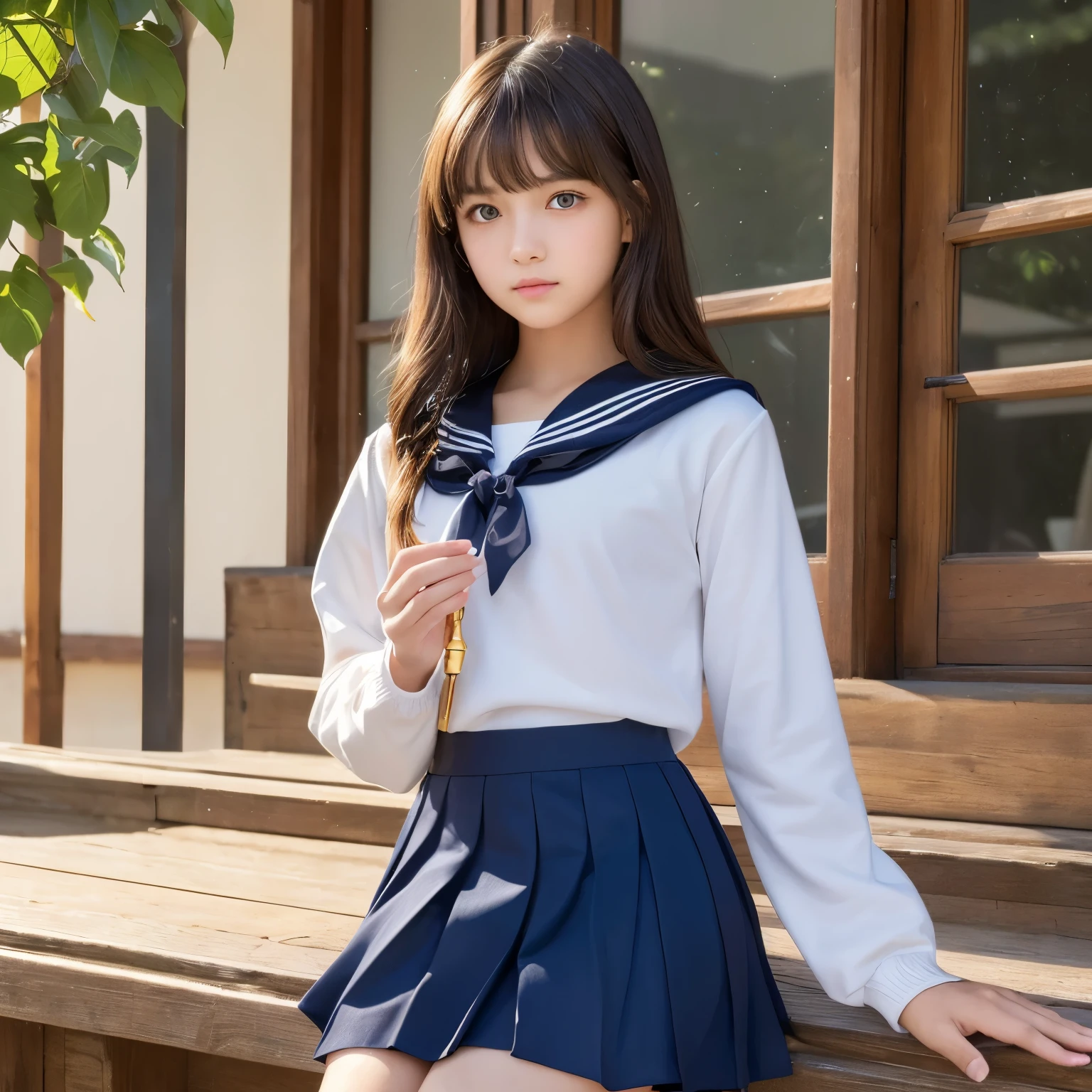 (Top resolution, Distinct_Image 1.2) 、(Beautiful girl with golden ratio face)、(A )、(very vivid eyes、wolf eyes 1.2)、excellent, masutepiece, high detailing, lipgloss、Very beautiful girl、 Solo, Beautiful girl like a model、(Long-sleeved sailor suit、pleatedskirt)