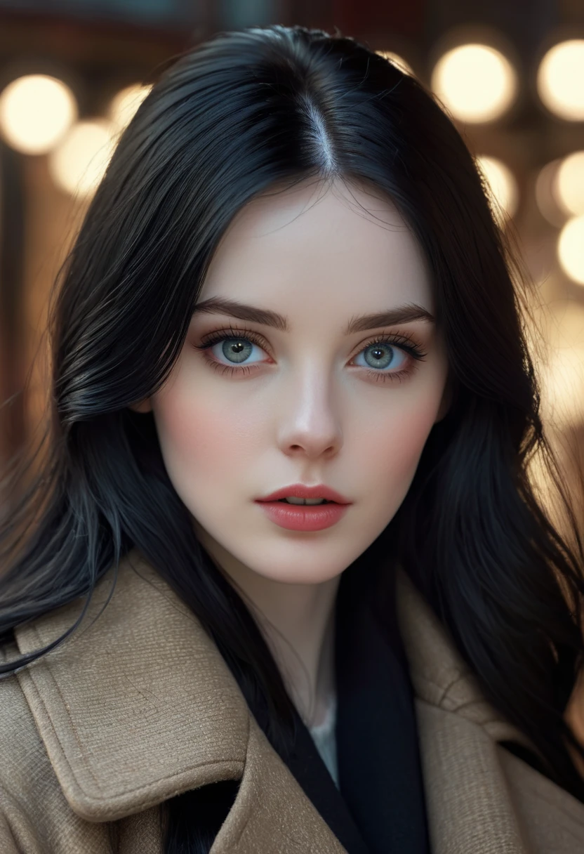beautiful girl,With realistic dark eyes, Pale skin, Medium-long black hair, Perfect face, Perfect eyes, wearing a coat, Very detailed, Comprehensive movies, number, 8k, Movie Lighting, best quality, high resolution, detailed work, Post-Processing, perfect result, Surrealism