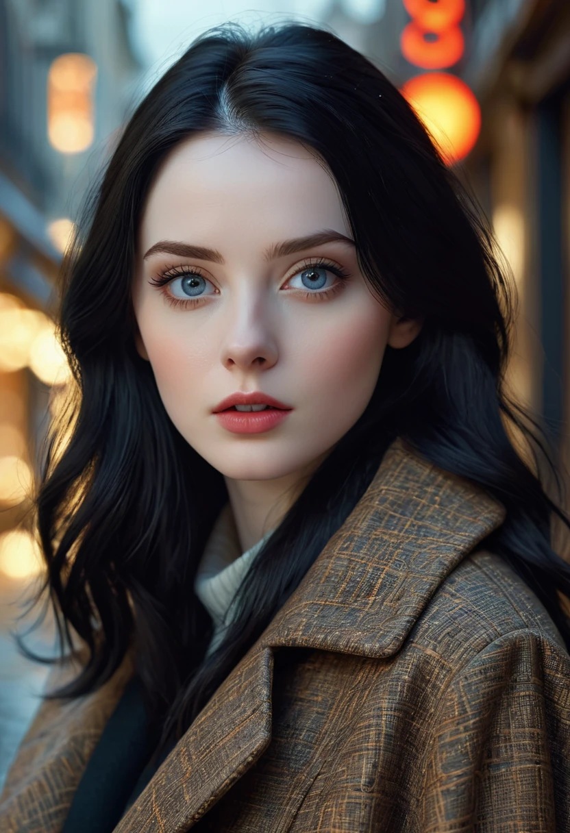 beautiful girl,With realistic dark eyes, Pale skin, Medium-long black hair, Perfect face, Perfect eyes, wearing a coat, Very detailed, Comprehensive movies, number, 8k, Movie Lighting, best quality, high resolution, detailed work, Post-Processing, perfect result, Surrealism