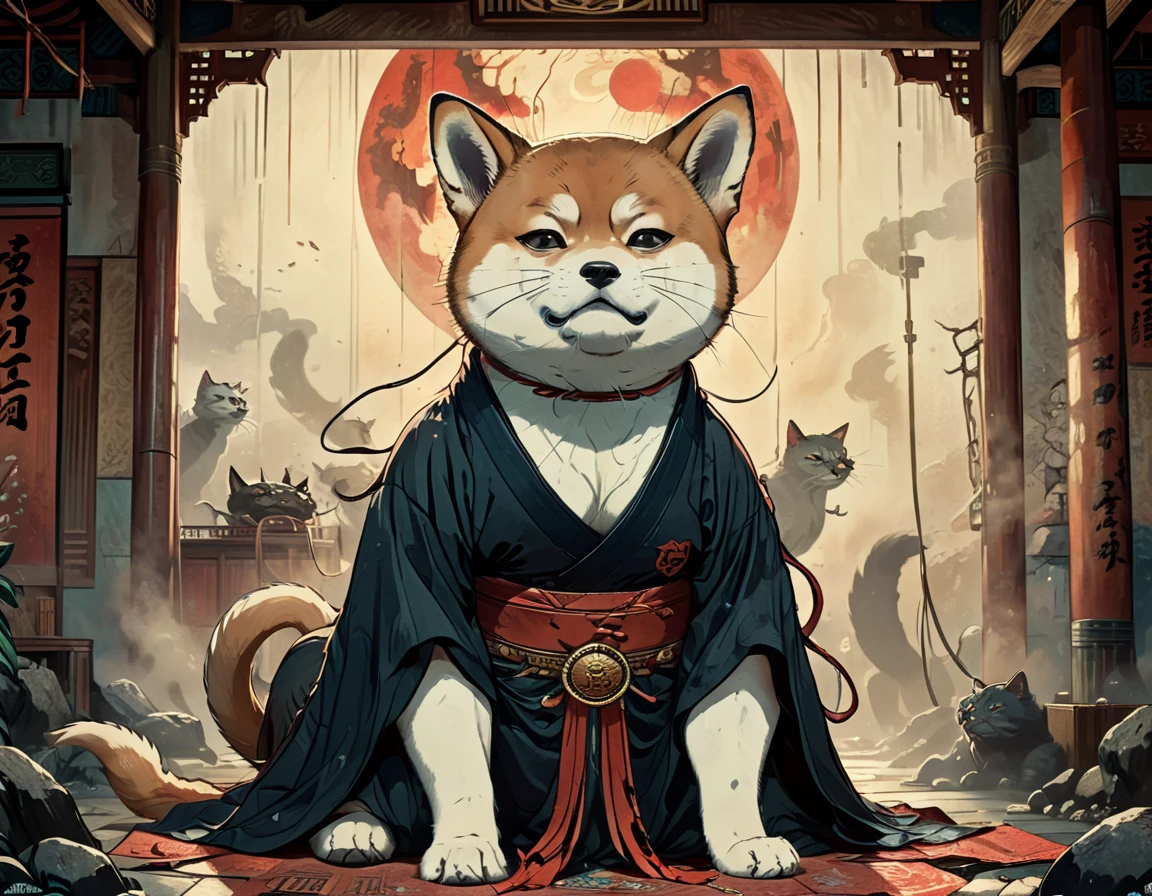 Illustration of an anthropomorphic Shiba Inu, garbed in a detailed kimono, clashing fiercely with a heavily built anthropomorphic black cat on a tatami mat, in the center of a chaotic underground fighting arena, featuring a melodramatic Ghibli-esque dark comic style, representing an epic Mortal Kombat-inspired scene, with watercolor texturing, popular on Artstation, captured with sharp focus akin to Unreal Engine, with radiant color palette, astonishing in composition, monumental masterpiece, vivid colors, volumetric lighting, cinematic allure.