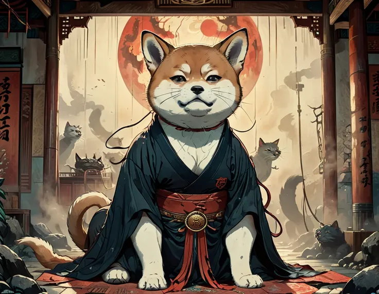 illustration of an anthropomorphic shiba inu, garbed in a detailed kimono, clashing fiercely with a heavily built anthropomorphi...