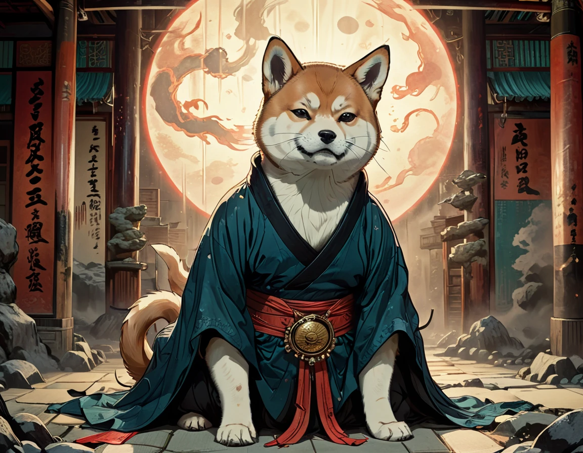 Illustration of an anthropomorphic Shiba Inu, garbed in a detailed kimono, clashing fiercely with a heavily built anthropomorphic black cat on a tatami mat, in the center of a chaotic underground fighting arena, featuring a melodramatic Ghibli-esque dark comic style, representing an epic Mortal Kombat-inspired scene, with watercolor texturing, popular on Artstation, captured with sharp focus akin to Unreal Engine, with radiant color palette, astonishing in composition, monumental masterpiece, vivid colors, volumetric lighting, cinematic allure.