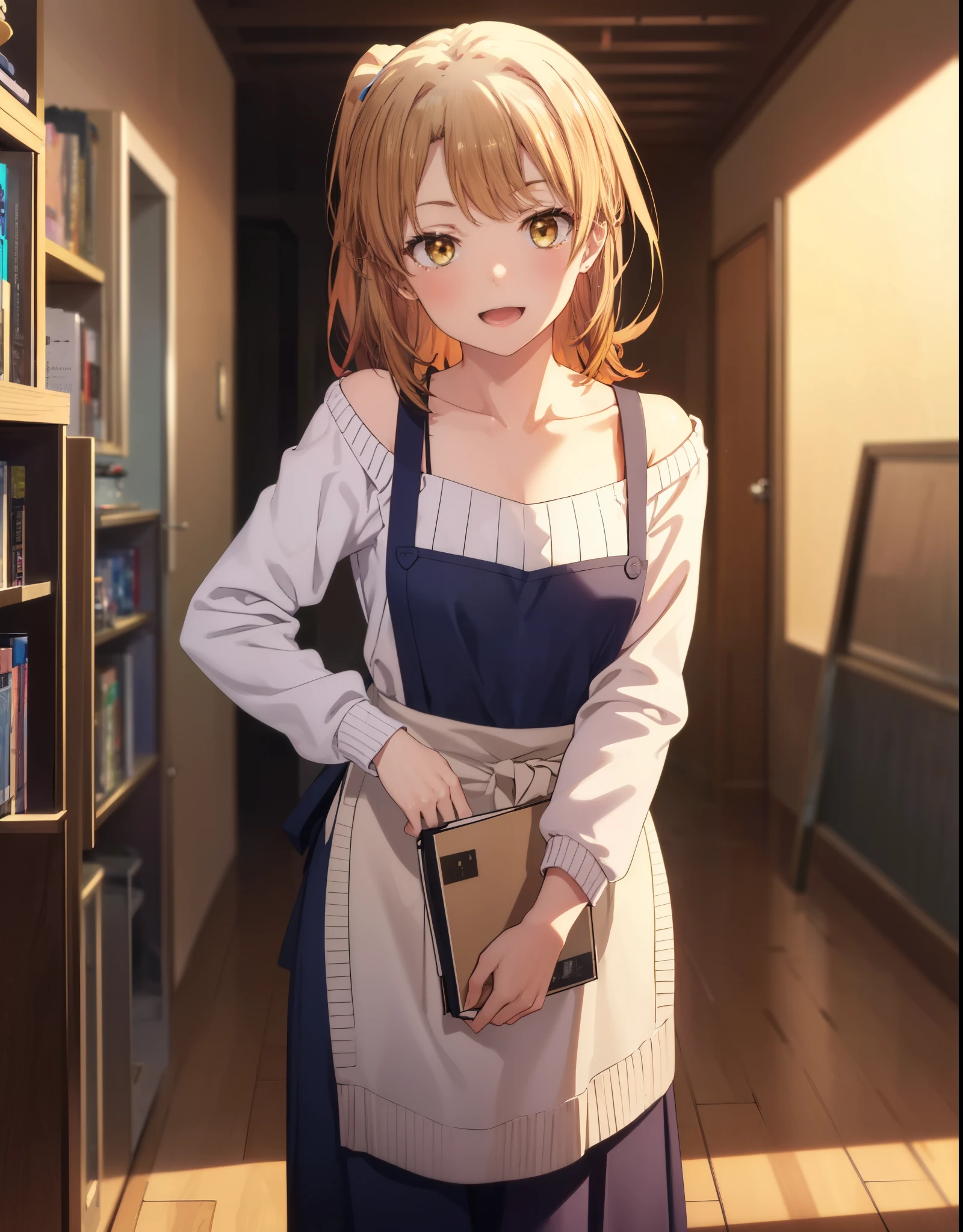 irohaisshiki, Isshiki Iroha,Long Hair, Brown Hair, ponytail,(Brown eyes:1.5), night,happy smile, smile, Open your mouth,
Off-the-shoulder sweater,Long skirt,indoor slippers,apron,Entrance,So that the whole body goes into the illustration,
break indoors,indoor Entrance,
break looking at viewer,(Cowboy Shot:1. 5)
break (masterpiece:1.2), highest quality, High resolution, unity 8k wallpaper, (shape:0.8), (Beautiful and detailed:1.6), Highly detailed face, Perfect lighting, Highly detailed CG, (Perfect hands, Perfect Anatomy),
