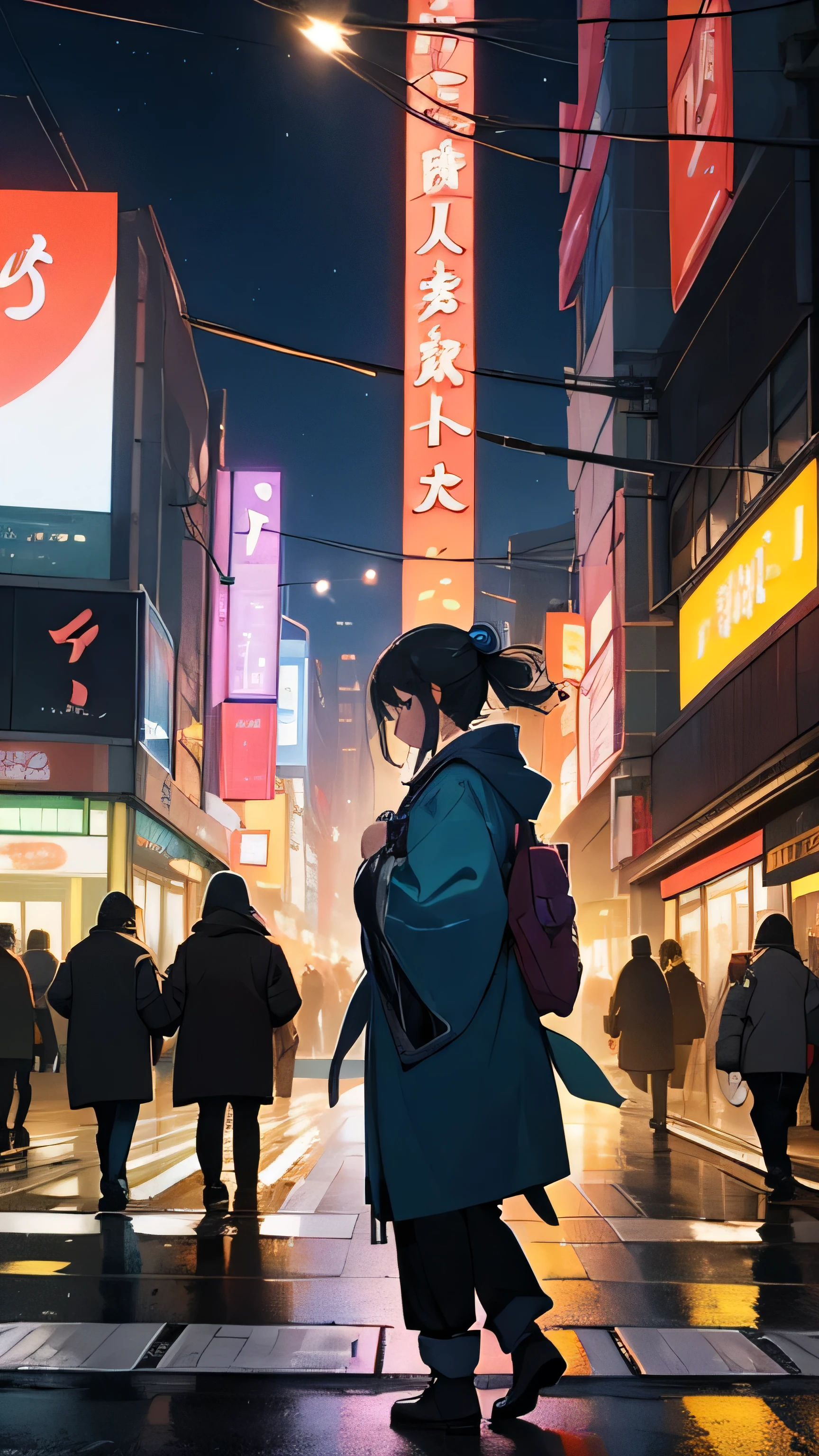  A busy street in a Japanese metropolis, illuminated by the bright neons of the stores, bares e letreiros luminosos. Excited people walk along the sidewalks, enquanto carros passam rapidamente pelas ruas. The night sky is dotted with stars, e a lua brilha suavemente sobre a cena, adding a touch of magic to the hustle and bustle of urban life.