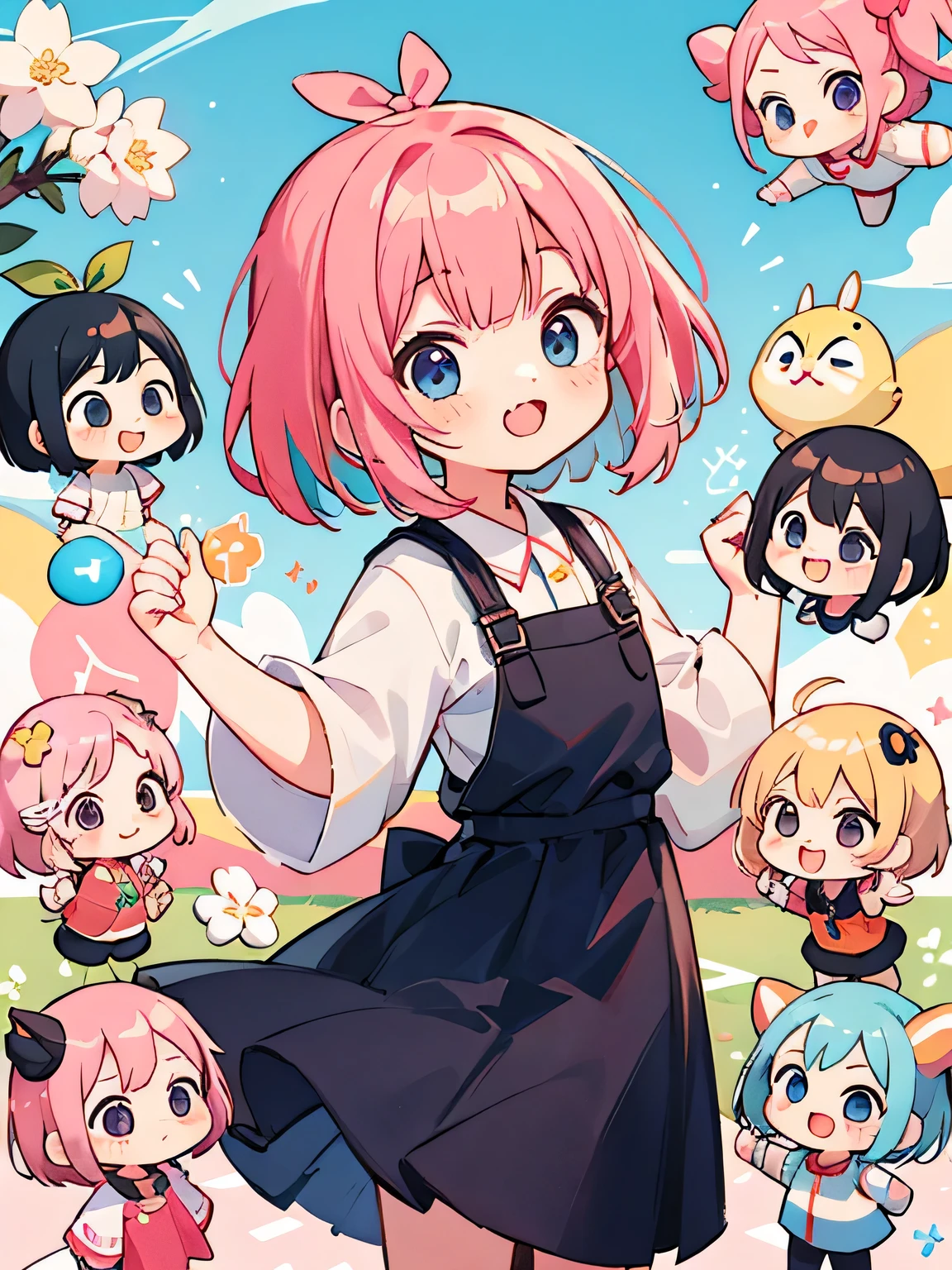 Momoko Sakura style, Kawaii Design, (((10 people)))、most beautiful girl ever、Chibi, Colorful bob hair、((Lots of friends))、Everybody happy dance