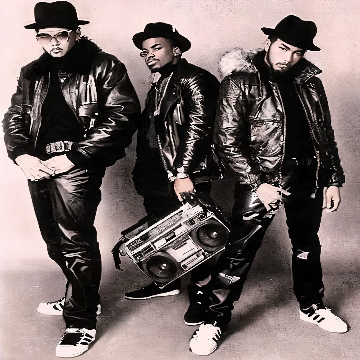 Three men in leather jackets and hats holding boom boards, 9 0 ship hopファッション, photo from the 80s, from the 8 0 s, Ghetto Blaster, late 80's, big Ghetto Blaster, 1 9 9 0, 1990, Childish look, Boombox, photo from the 80s, Mint state, hip hop,Stylish illustrations,