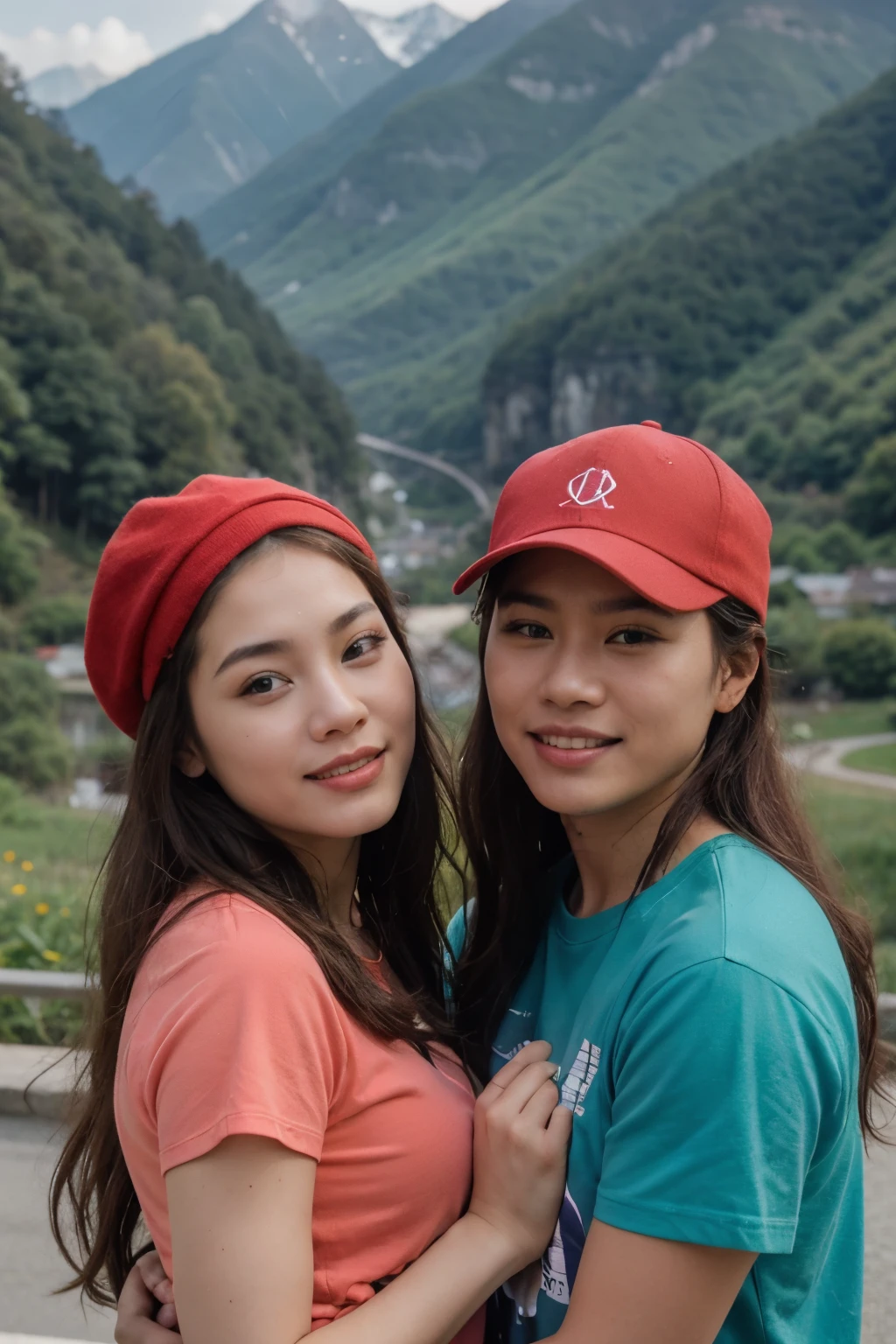 A vibrant International Labor Day poster featuring two Vietnamese people, a man and a woman, joyfully enjoying the majestic mountainous scenery. Both are wearing green T-shirts and bright red hats. The woman is beautiful with long curly hair. The image is 2k quality with an angled shot and full lighting.