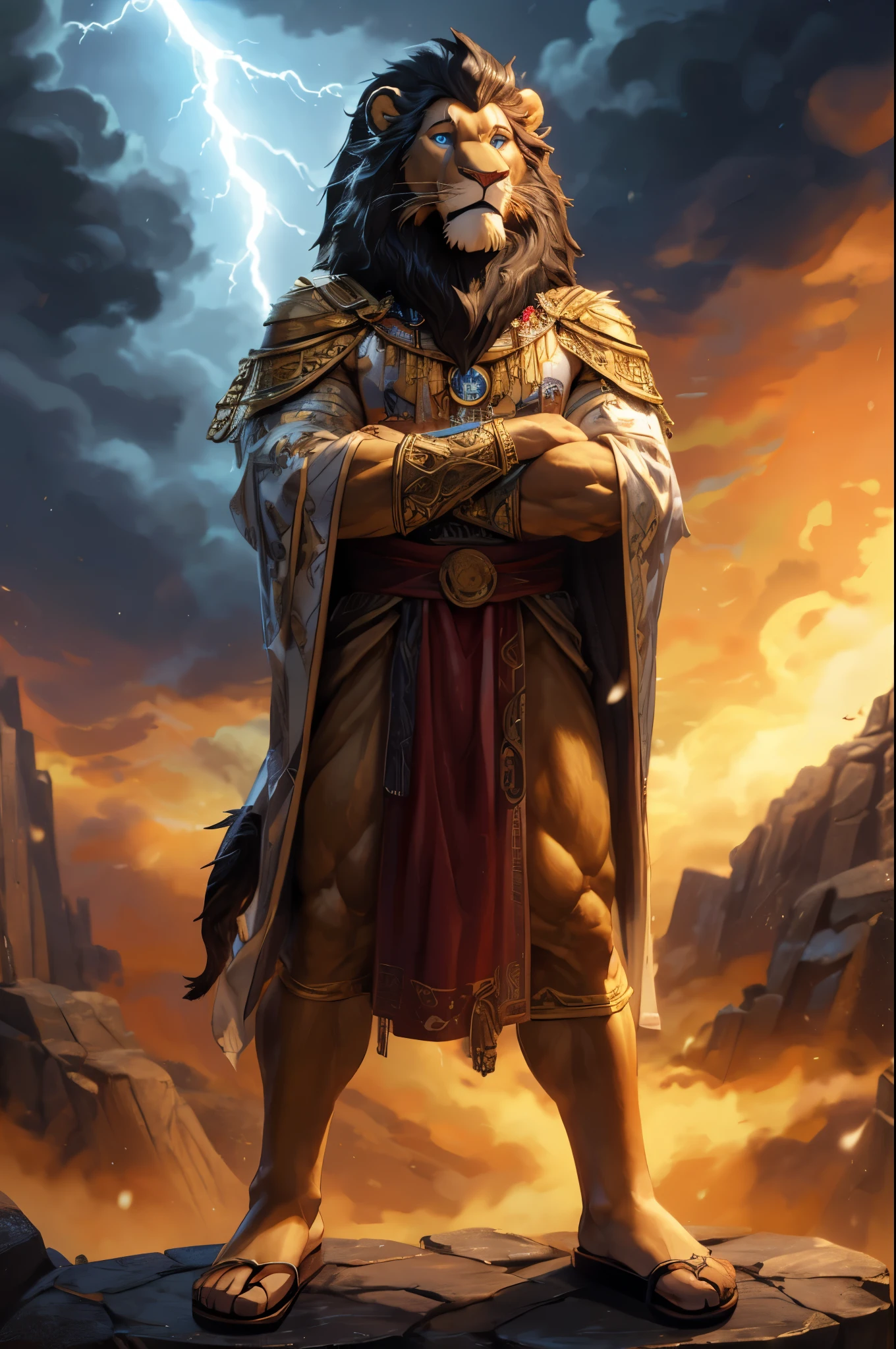 (((Barefoot furry character, full body, cinematic setting, furry male, plantigrade, wears sandals))) (Zeus - King of the Gods) depicted as a majestic (((lion))) anthro with a muscular build, golden fur, and piercing blue eyes. He wears a regal white toga draped over one shoulder, adorned with thunderbolt motifs. Zeus stands barefoot atop Mount Olympus, with storm clouds gathering in the background, accompanied by flashes of lightning and crashing thunder. ((His attribute, the thunderbolt)) rests beside him, crackling with power. BREAK, detailed background, 8K, (masterpiece:1.5), intricate details, highly detailed, extreme detail, octane render, fine art, best quality, highres, (detailed face:1.5), ((full_body)), UHD, (((perfect hands))), low light