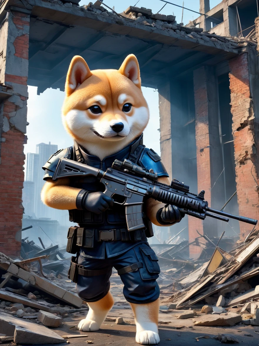 A cyberpunk anthropomorphic Shiba Inu warrior holding an assault rifle,Standing among the ruins of a dilapidated urban environment,Behind are collapsed buildings and broken walls,Dramatic light,Dark and eerie atmosphere,Fine details,Best quality,8k,high resolution,(masterpiece:1.2),Super Detail,(1.4x more realism),HDR,Professional摄影棚照明,Ultra-fine,Clear depth of field,Physically Based Rendering,Extremely detailed description,Professional,Vivid colors,Film texture