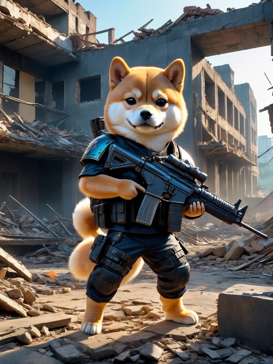 A cyberpunk anthropomorphic Shiba Inu warrior holding an assault rifle,Standing among the ruins of a dilapidated urban environment,Behind are collapsed buildings and broken walls,Dramatic light,Dark and eerie atmosphere,Fine details,Best quality,8k,high resolution,(masterpiece:1.2),Super Detail,(1.4x more realism),HDR,Professional摄影棚照明,Ultra-fine,Clear depth of field,Physically Based Rendering,Extremely detailed description,Professional,Vivid colors,Film texture