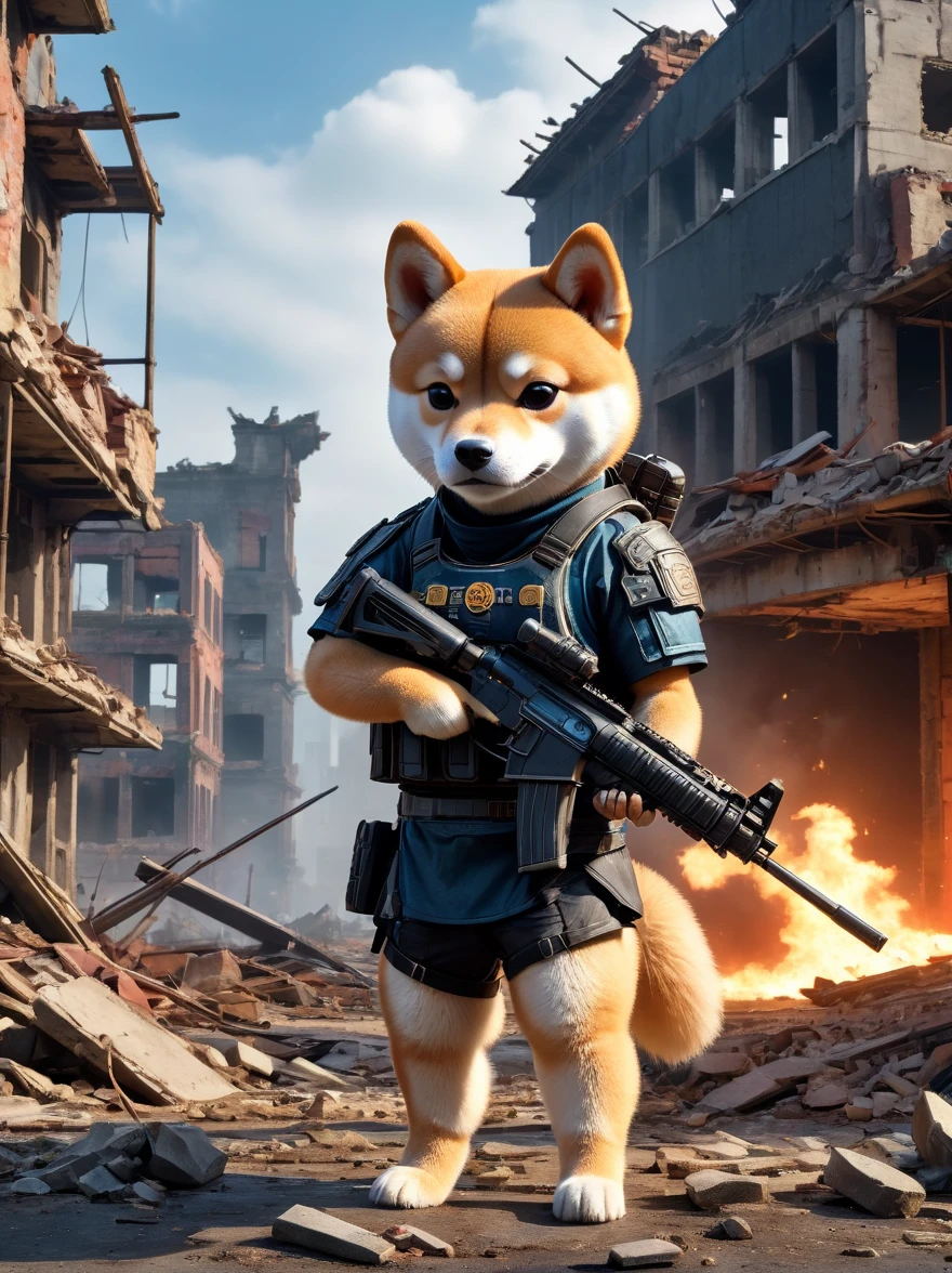 A cyberpunk anthropomorphic Shiba Inu warrior holding an assault rifle，Standing among the ruins of a dilapidated urban environment，Behind are collapsed buildings and broken walls，Dramatic light，Dark and eerie atmosphere，Fine details，Best quality，8k，high resolution，(masterpiece:1.2)，Super Detail，(1.4x more realism)，HDR，Professional摄影棚照明，Ultra-fine，Clear depth of field，Physically Based Rendering，Extremely detailed description，Professional，Vivid colors，Film texture