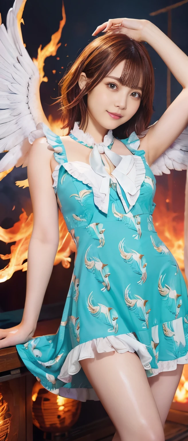Gorgeous idol girl、whole body、Good style、、、Phoenix print mini dress、、、、Wings of Fiery Flame、turquoise hair