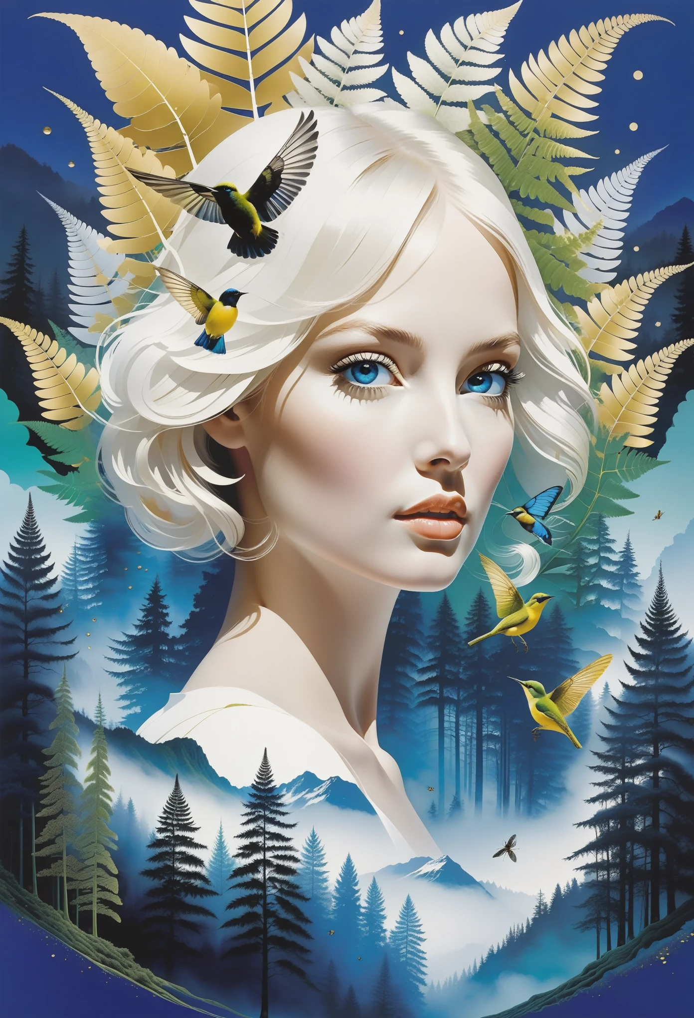 Craft a mesmerizing double exposure photoillustration that masterfully merges the intricate worlds of humans and forest and mist and birds and bugs. In this artwork, draw inspiration from the distinctive styles of Dan Mountford, ensuring the final piece showcases the imaginative essence of this artist. Set the background to the deep cobalt blue sky. Utilize pastel and monochrome green and gold colors to bring out the dynamic energy of the scene. Envision the trees, fern. The negative space in the composition should contribute to the overall balance, emphasizing the depth and layers of the artwork.The primary focus of the composition should be the seamless fusion of a woman, called Gaia, mother nature with white hair and blue eyes and trees and mist. With drops of golden ink
