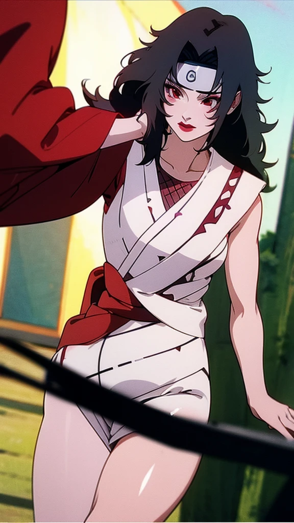 kurenai yuhi, red eyes, thick lips, seductive lipstick, eyeshadow, white translucent dress, thin waist, small waist, wide hips, photorealistic, hyperrealistic