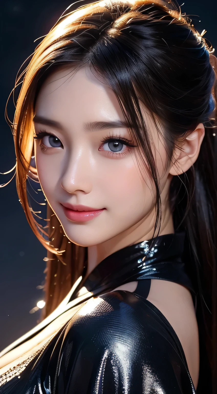 Beautiful woman in kimono，body portrait、8k，fine and beautiful eyes，Dindal effect、masterpiece, 最high quality, high quality, High resolution、very detailed photos、(natural skin texture、fine skin、hyper realism、Super sharpness)、high detail skin、(very detailed、fine skin texture、intricate details、beautiful face、(lifelike face)、realistic eyes、beautiful and detailed eyes、real looking skin、beautiful skin、surreal、very detailed、golden ratio、with smiling eyes、((night moonlight background))、body portrait、G cup、big breasts,glamorous,shiny bodysuit
