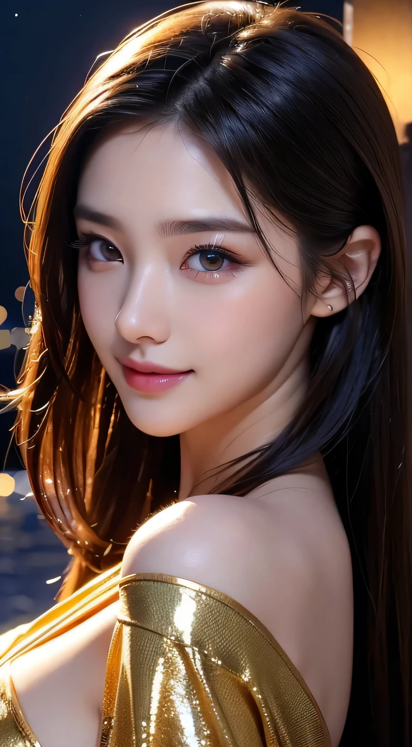 Beautiful woman in kimono,body portrait、8k,fine and beautiful eyes,Dindal effect、masterpiece, 最high quality, high quality, High resolution、very detailed photos、(natural skin texture、fine skin、hyper realism、Super sharpness)、high detail skin、(very detailed、fine skin texture、intricate details、beautiful face、(lifelike face)、realistic eyes、beautiful and detailed eyes、real looking skin、beautiful skin、surreal、very detailed、golden ratio、with smiling eyes、((night moonlight background))、body portrait、G cup、big breasts,glamorous,shiny bodysuit