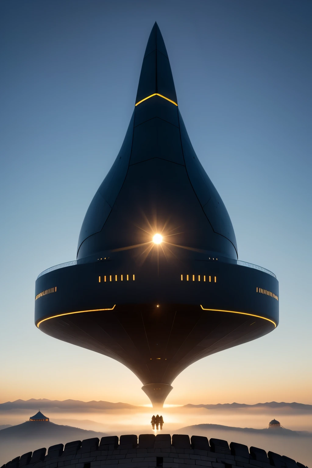 A magnificent vagina-shaped spaceship hovers above the majestic Great Wall, its curvaceous form defying the laws of gravity. Surrounding it, dozens of penis-like surface-to-sky turret tanks fiercely engage in battle, releasing an array of white missiles towards their formidable foe. The intricate details of the spaceship's surface shimmer under the sun, its smooth contours contrasting the rough texture of the turret tanks. The war between these two distinct entities unfolds against a backdrop of cloudless azure skies, the contrasting silhouettes casting long, dramatic shadows on the Great Wall below. Each element, meticulously rendered, invites the