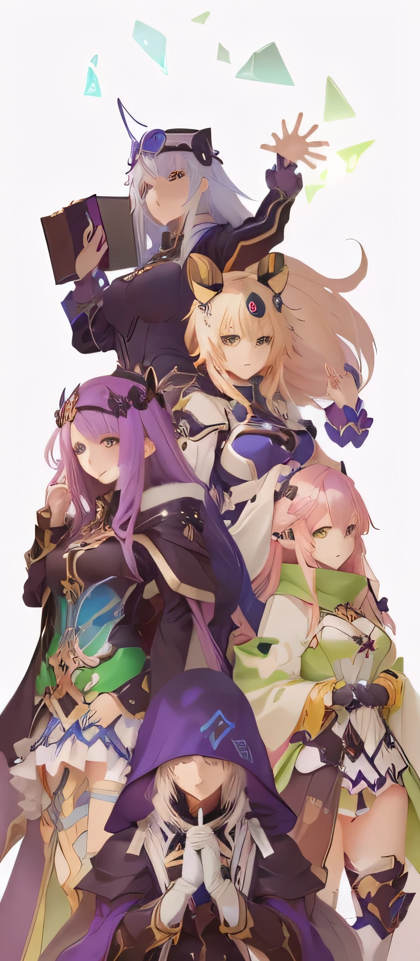 a group of anime characters with different colored hair and hats, anime in fantasy style, fate grand order, perfect android girl family, shadowverse style, harem, anime fantasy artwork, zerochan art, art style of rune factory 5, anime fantasy illustration, jrpg character art, coriolios rpg art style, anime character art, anime artwork, vocaloid