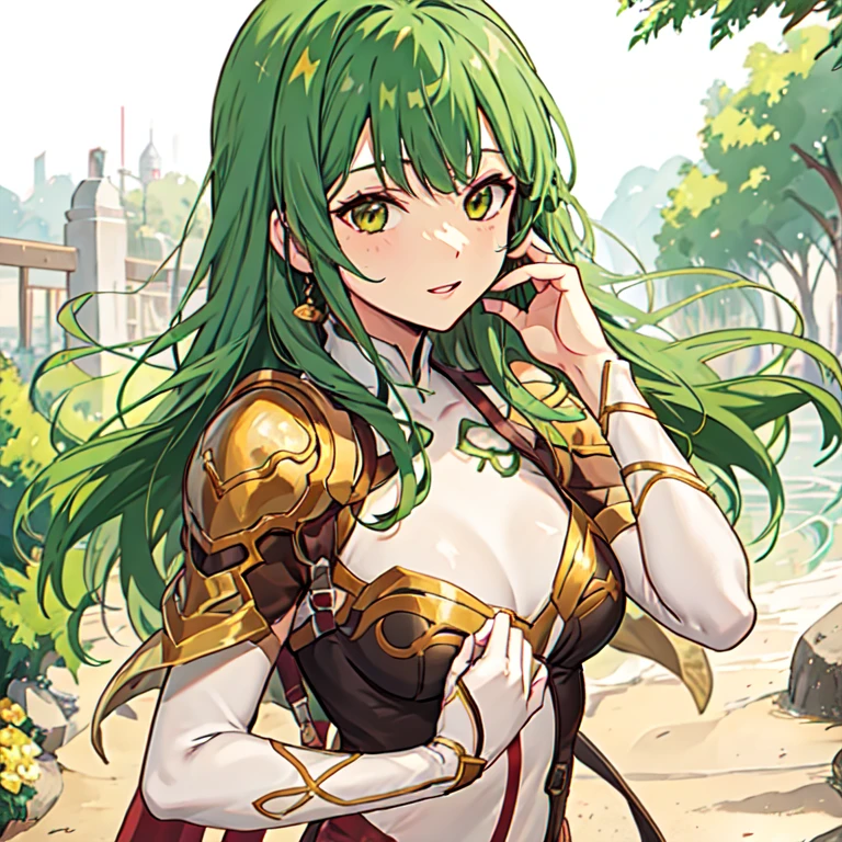 Close-up of a woman dressed in green and white, Concept art inspired by Valeria Denes, Pixiv, Renaissance, lady Palt&#39;s, Palt&#39;s, Palt&#39;s smash, portrait Zodiac Knight Girl, ayaka genshin impact, The truth of the matter, Zodiac Knight Girl, Official character art, Villain Anime Girl