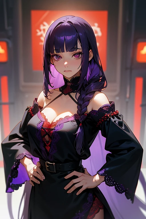 1 girl, Blunt bangs, Braiding, Wide sleeves, hair ornaments, Navy Red Lace、Black belt, (Purple Hair:1.2), Very long hair, Straight hair, Looking at the audience, Highly detailed background, (Realistic:1.2), Beautiful Eyes, Red eyeshadow, Written boundary depth,thigh, (Ulzzang-6500:0.7), Upper Body, (alone:1.2), (Cyberpunk City:1.1), Cleavage, Hands on hips、Shiny skin、Hair blowing in the wind、flower、Sad expression、Sharp eyes、Eye Cleansing Night、Shoulder Bare、