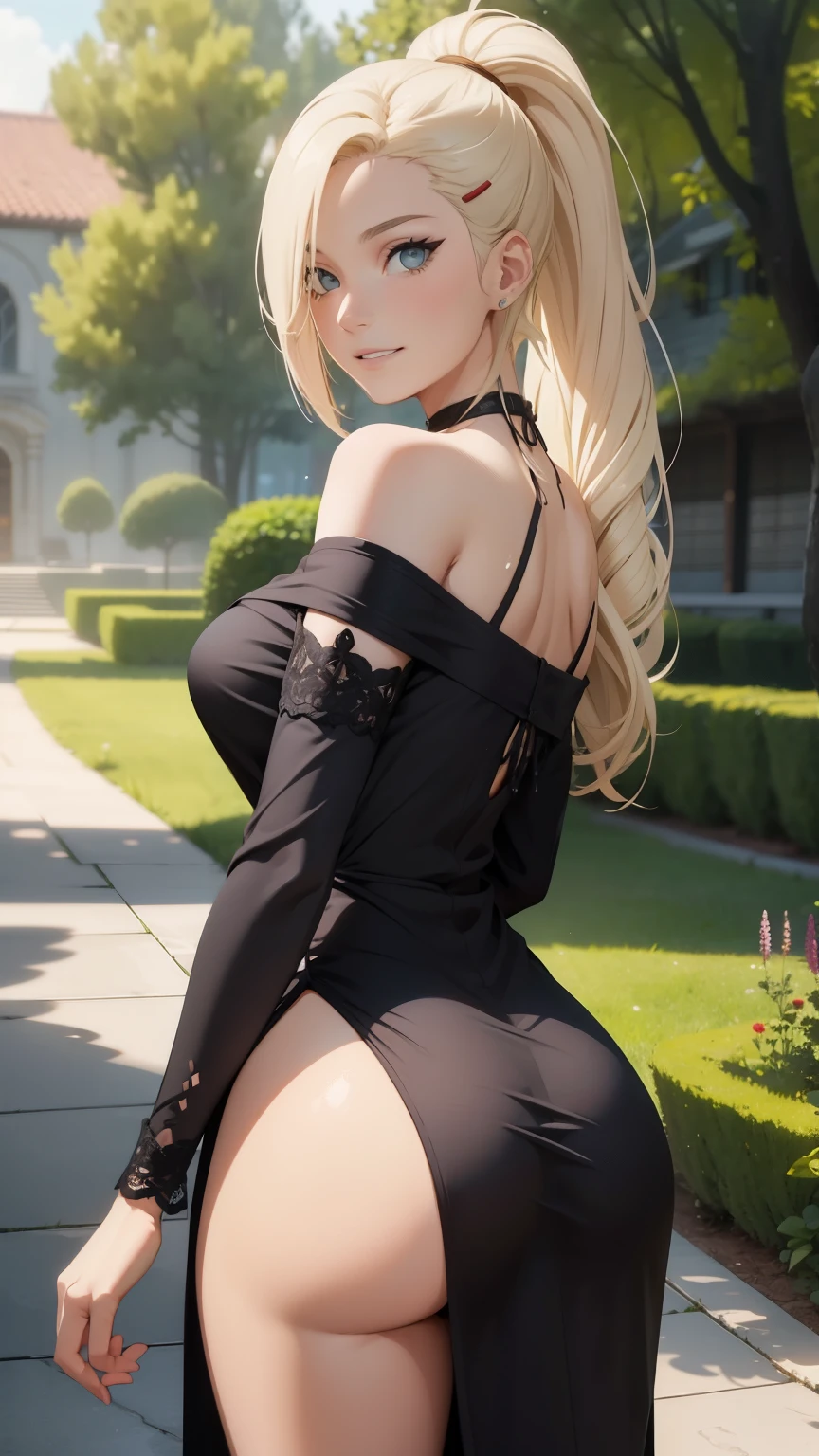 "Extremely detailed CG Unity 8K wallpapers，Ino yamanaka，photograph from behind, tight dress, focus on ass, masterpiece，outdoors，charming，best picture quality，Volumetric light，Blonde，Face turned red，Smile，Off the shoulder dress，Bangs cover one eye，looking at camera