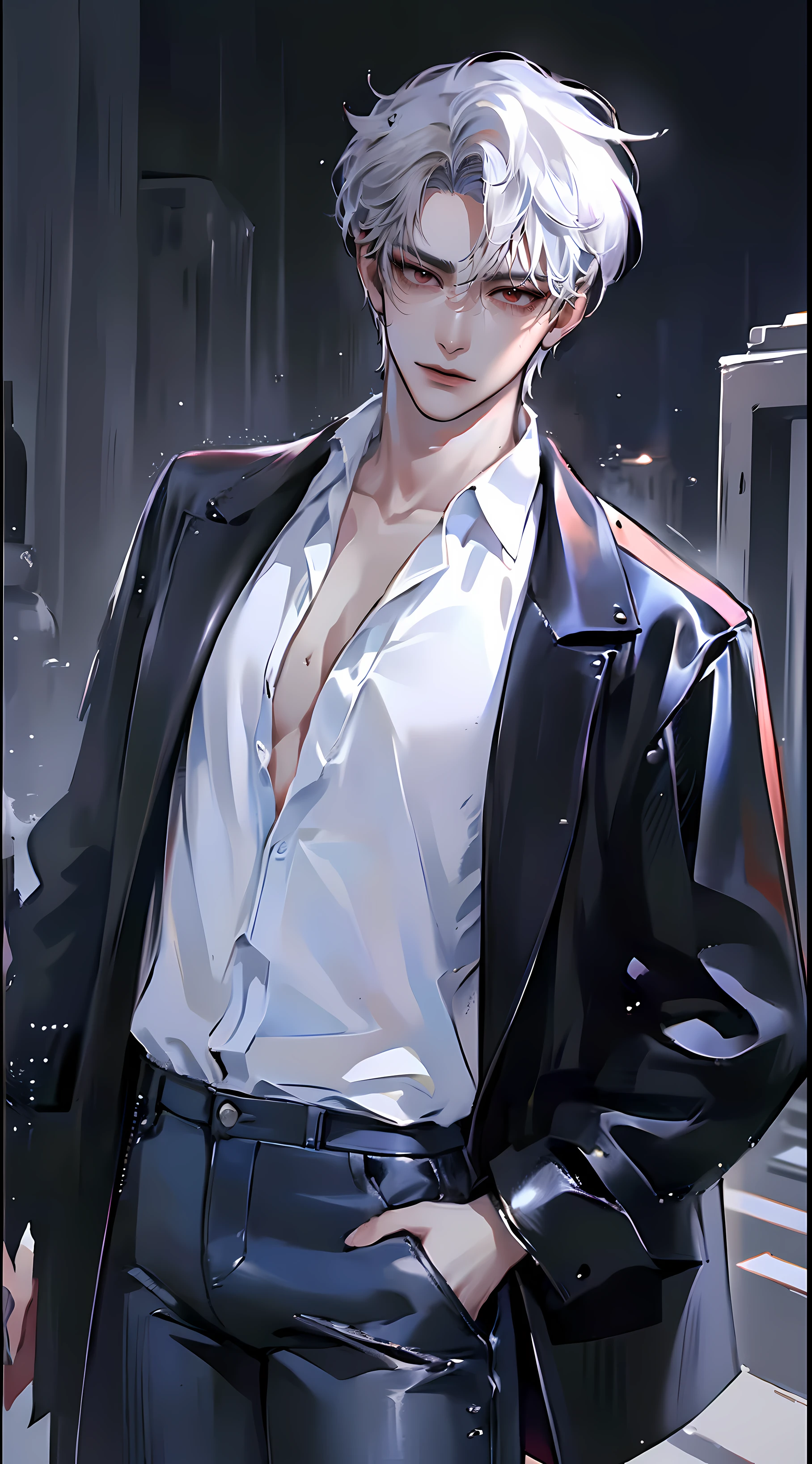 (4K works))、masterpiece、(top-quality)、((In front of the department store))、Korean Male、Adult male、((Adult 50 years old))、((Adult uncle type))、((Leather Jeans Style))、((Face similar to Hyunjin))、Cool Men、tall、((Gentle face))、((Cool werewolf fashion in black))、((Long sleeve long trouser style))、((Smaller face))、Slim body、((Uncle))、((white hair))、((white short-haired))、((Red Eyes))、((shot from front))、((Shot alone))、((Solo Photography))、Professional Photos、((Reach out to your audience))、((He walks in front of the viewer))、((dad bod))、