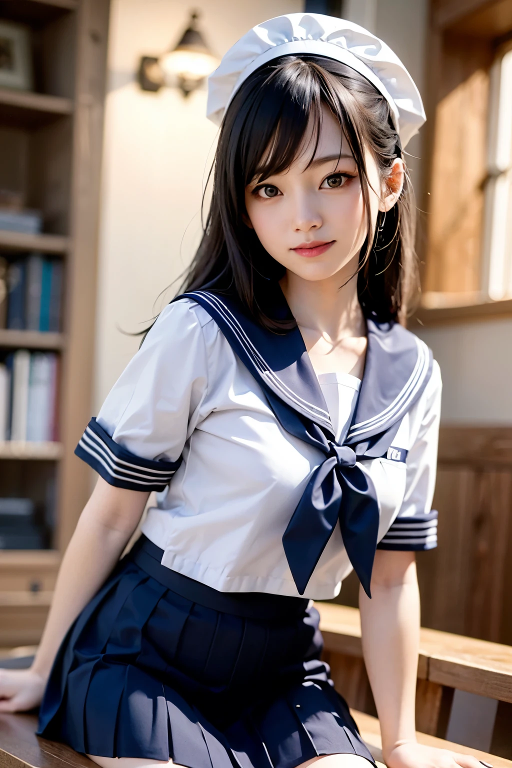 Body eight times longer than head, (High quality CG Unity 8k), (highest quality)，(Very detailed)，(Ultra-high resolution), Black Hair, Sailor suit, 紺色のSailor suit, Sailor suitを着た女子高生, Dark Blue Skirt, Anime 2D Rendering, Realistic youth , ((White headband)), Small breasts, expensive, Slanted Eyes, (School Scene), Black Stockings, Daytime, Please open your mouth a little, smile, Straight hair, Long Hair, Detailed view of the face, Small face, 