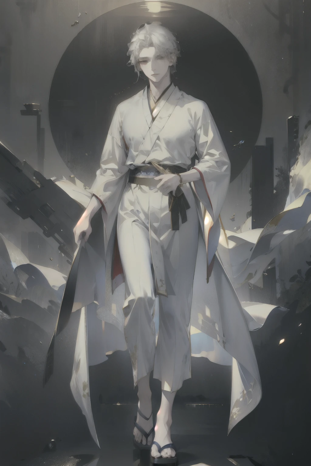 whole body,full body,toe,((best quality)), ((masterpiece)), (detailed), perfect face,
old men,handsome teacher,silver hair,Japanese clothing
,robe、Facing forward
