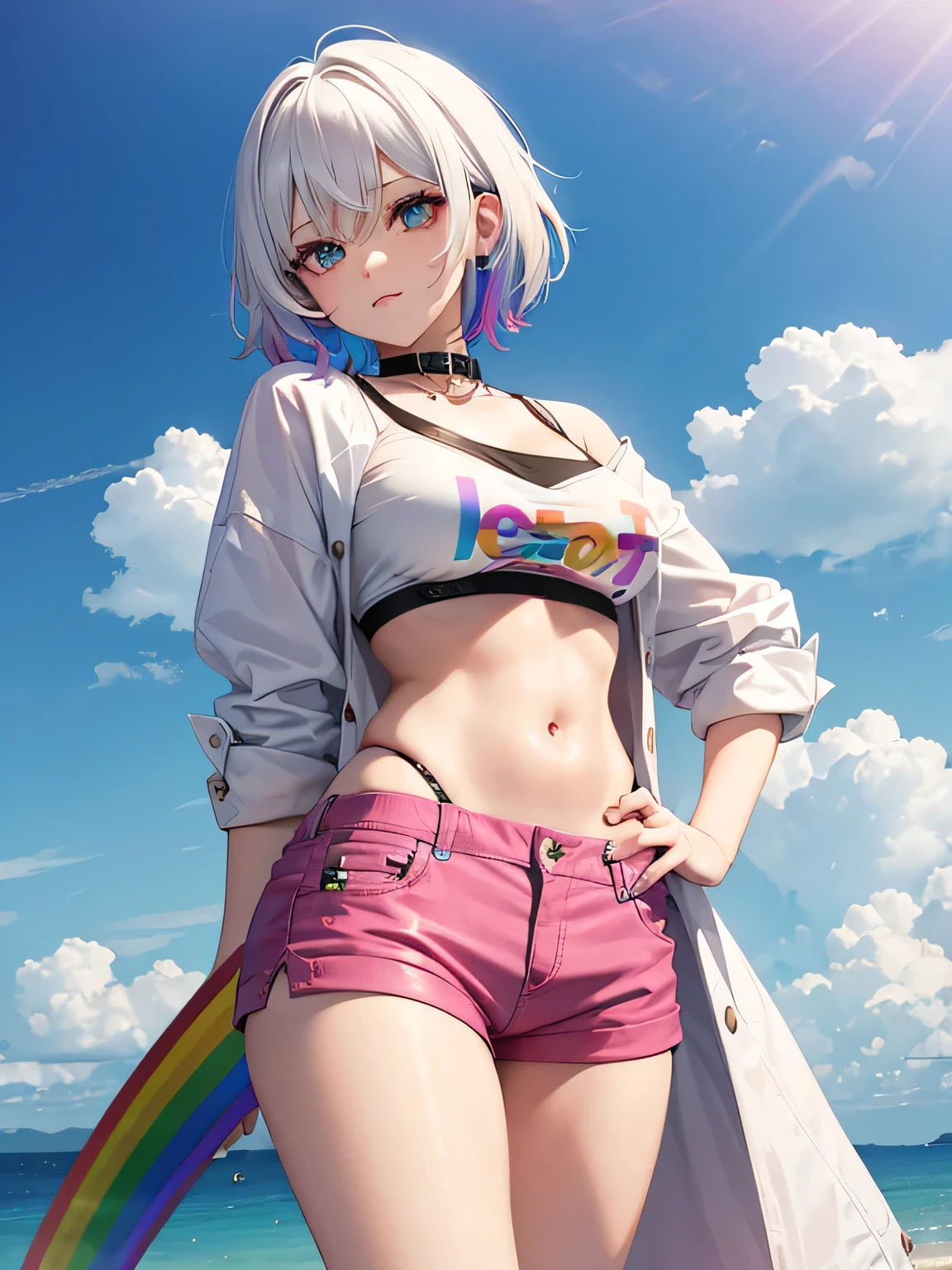 Girl, rainbow, colorful eyes, neon,short white hair, colorful clothes, tempting medium-sized breasts,🌈