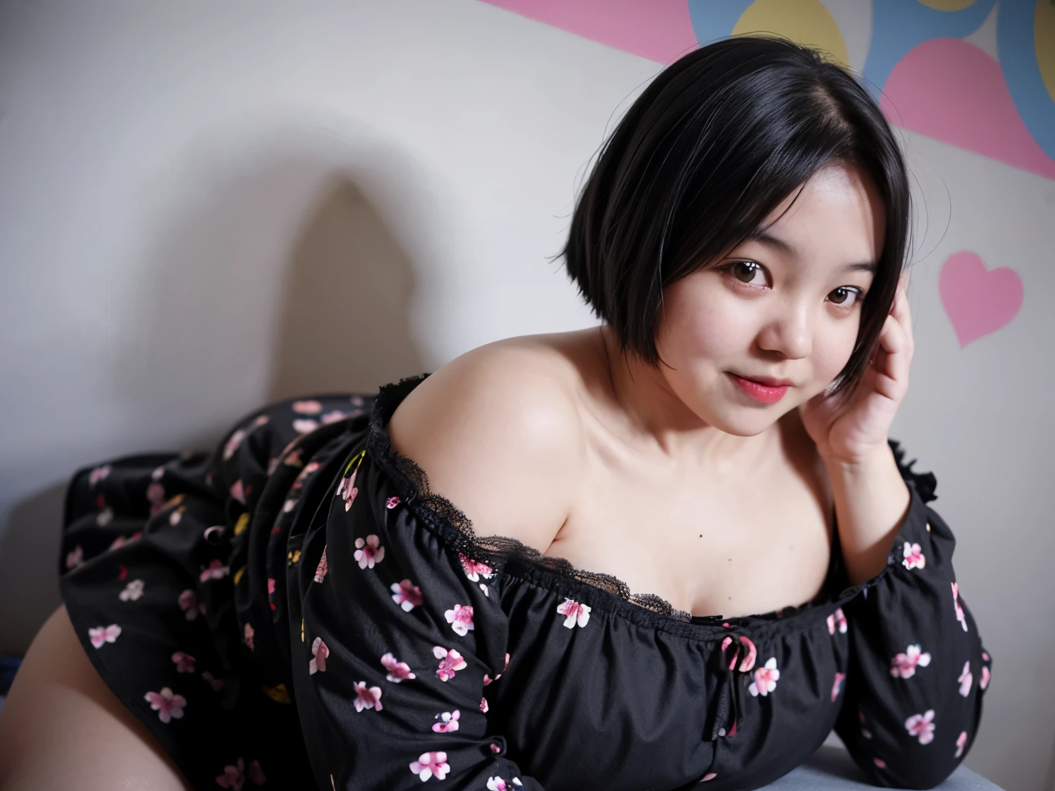 BOKEH, ((SHORT BLACK HAIR COLOR)), ((FLAT CHEST:1.5)), ((Lace)), (Happy smile), masutepiece, High quality, UHD 32K, Realistic face, Realistic skin feeling , A Japanese Lady, 58 years old matured lady, , Very cute and baby-like face, (((FLAT CHEST))), (Night time at forest), ((look In front  at the camera and SADNESS)), (((CUTE GIRL))), ((YELLOW LIPS)), ((Floral Pattern)) little wearing strapless, strapless colorful, dark night background , black forest night, horror scary place, (from behind up) seductive pose, ((Chubby:1.4)), mini skirt 