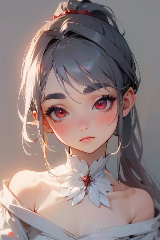(highest quality, masterpiece:1.2), High resolution, Very detailed, Realistic:1.37, Fantasy, An illustration, Hair is whiteいです、Red eyes、Queen, White Dress.Platinum decoration、beautifully、Eyeshadow Red、Thick eyebrows、Long eyelashes、pupils are black、Hair is whiteい、Kissing Face、Embarrassing、Loved、ponytail、Hair is white、very cute、Shoulder Bare、
