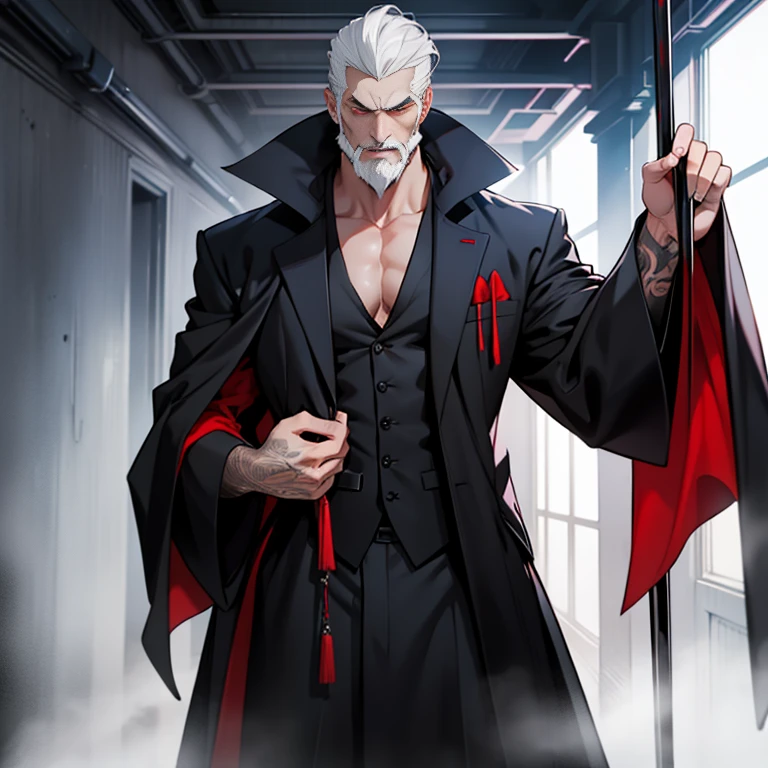 A tall and imposing grim reaper with short, slicked back white hair, a perfectly groomed beard, and piercing red eyes. He exudes confidence and carries himself with a sly and mysterious aura. Wearing lingerie.
