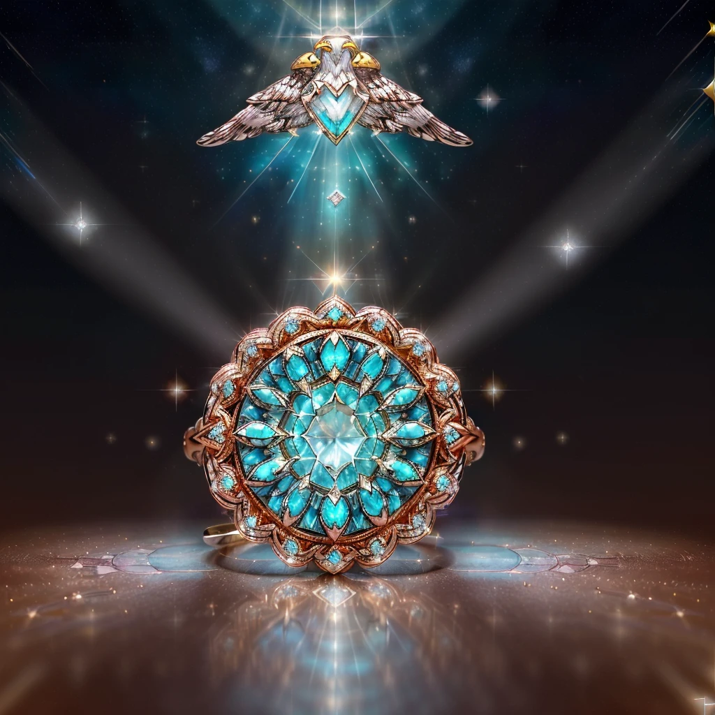 (best quality, highres, HDR:1.2), (delicate, elegant, noble) Eagle ring setting, (shimmering, sparkling) Garnett-Turquoise-Gold Diamond gemstones, (starry sky, inverted image) in the ring, (magic pattern, Tyndall effect) emitting the brightest light in a(n) (elegant, noble) red hue, (dark-style graphics, exquisite background)