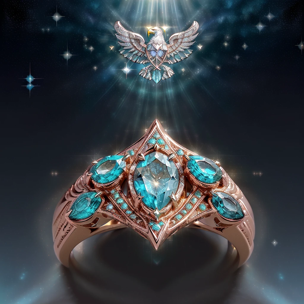 (best quality, highres, HDR:1.2), (delicate, elegant, noble) Eagle ring setting, (shimmering, sparkling) Garnett-Turquoise-Gold Diamond gemstones, (starry sky, inverted image) in the ring, (magic pattern, Tyndall effect) emitting the brightest light in a(n) (elegant, noble) red hue, (dark-style graphics, exquisite background)