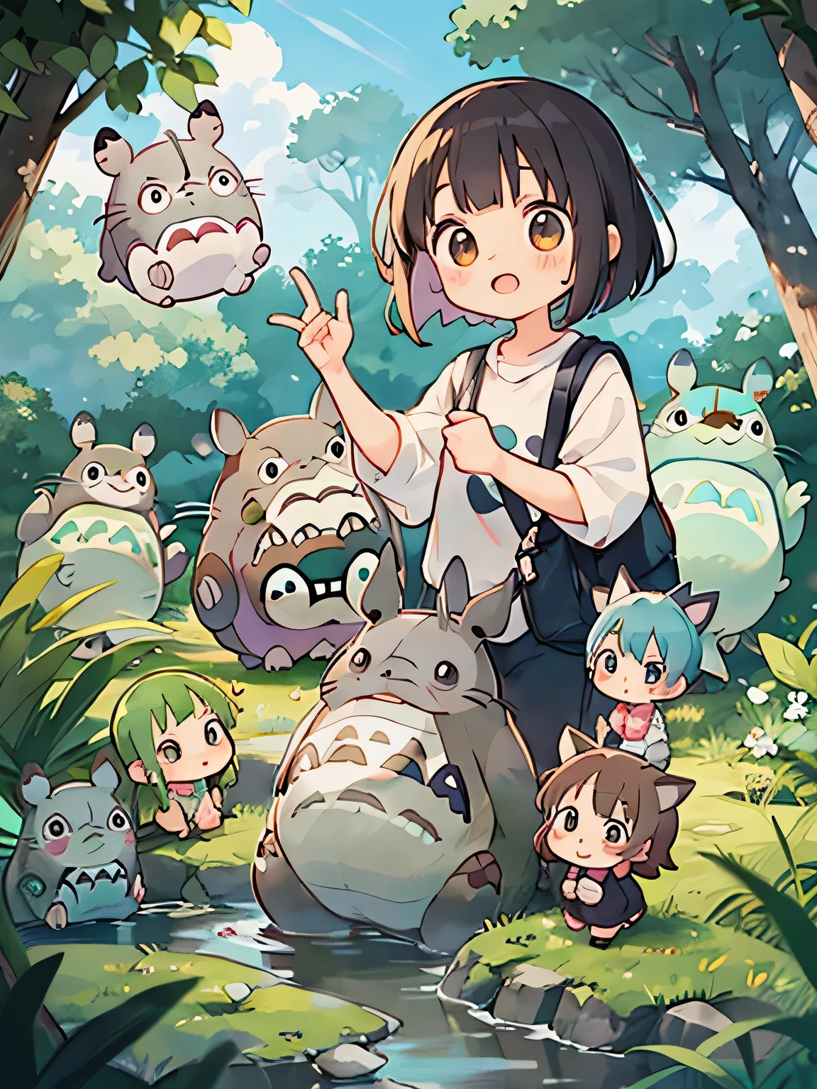 hayao miyazaki style, Kawaii Design, (((10 people)))、most beautiful girl ever、Chibi, Colorful bob hair、((Lots of friends))、(((Cute Totoro)))、Totoro Forest
