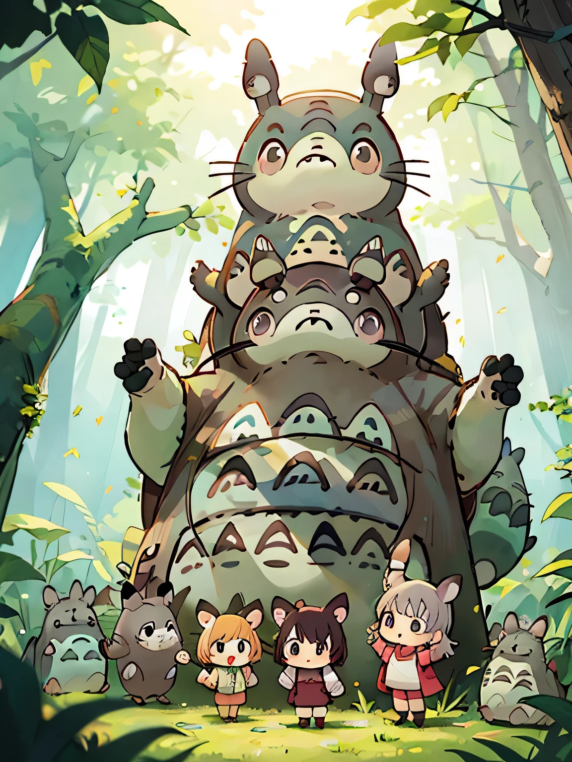hayao miyazaki style, Kawaii Design, (((10 people)))、most beautiful girl ever、Chibi, Colorful bob hair、((Lots of friends))、(((Cute Totoro)))、Totoro Forest