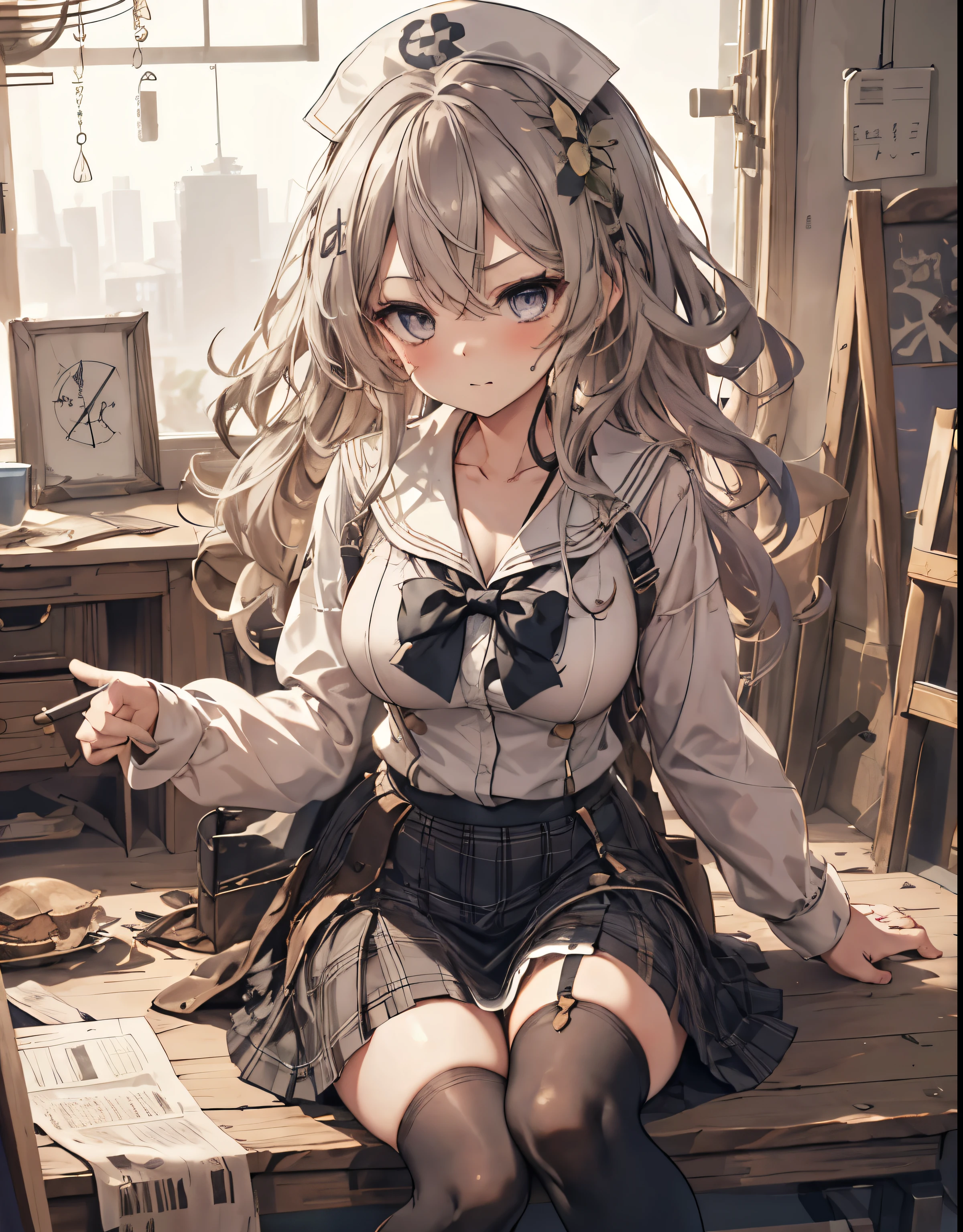 masterpiece, 1girl, sparrow, a silver haired girl, wearing a sailor clothes, curly long hair, messy hair, slim body, he close her left eye, shirt ornament, ruby eyes, ahoge, baby face, bige breast, beautiful breasts, rounded breasts, long sleeves, beautiful eyes, white stocking, droopy eyes, skirt, black skirt, plaid skirt, her age is 19 years old, ricefield, bowtie, sailor collar, flared skirt, tight shirt, skirt, nagisa_bluearchive, lovely face, medium hair, angry face, curly hair, nurse cap, sit 