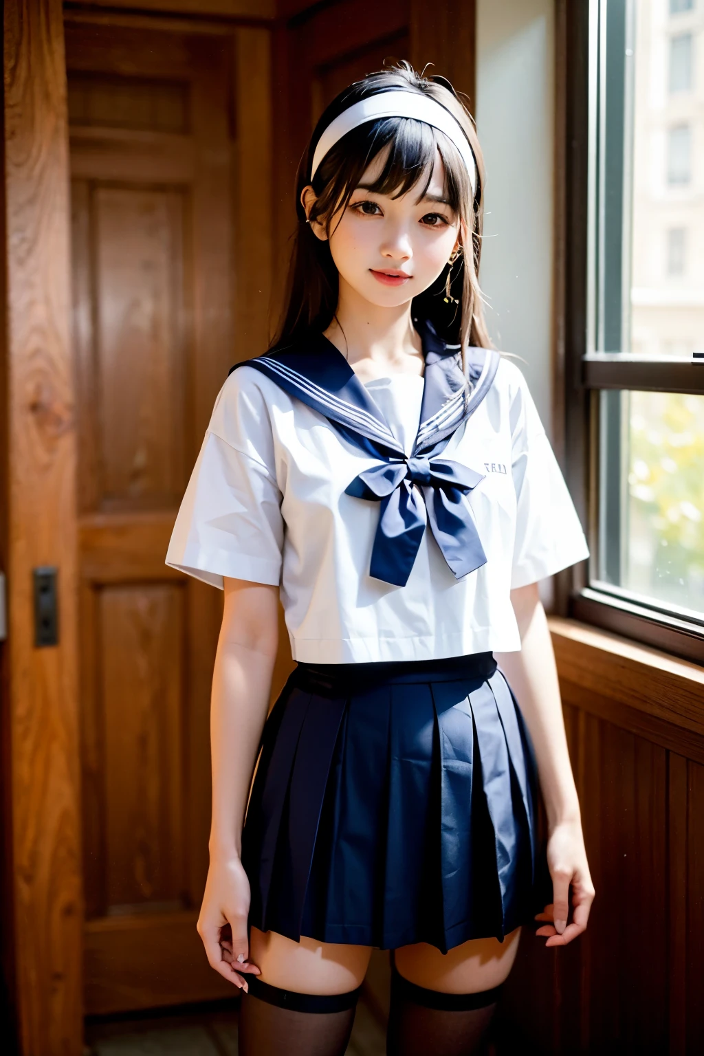 Body eight times longer than head, (High quality CG Unity 8k), (highest quality)，(Very detailed)，(Ultra-high resolution), Black Hair, Sailor suit, 紺色のSailor suit, Sailor suitを着た女子高生, Dark Blue Skirt, Anime 2D Rendering, Realistic youth , ((White headband)), Small breasts, expensive, Slanted Eyes, (School Scene), Black Stockings, Daytime, Please open your mouth a little, smile, Straight hair, Long Hair, Detailed view of the face, Small face, 