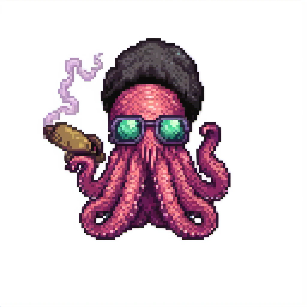 a cute octopus monster wearing sunglasses, (flat shading:1.2), (minimalist:1.2) ,(pixel:1.2),pure bg